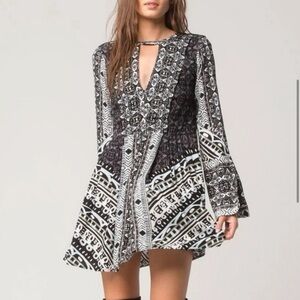Free People Teagan Border Printed Mini Dress Black and White Size 2